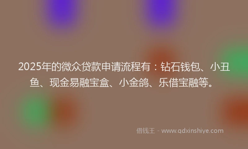 2025年的微众贷款申请流程有：钻石钱包、小丑鱼、现金易融宝盒、小金鸽、乐借宝融等。