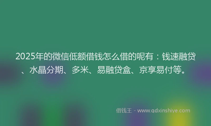 2025年的微信低额借钱怎么借的呢有：钱速融贷、水晶分期、多米、易融贷盒、京享易付等。