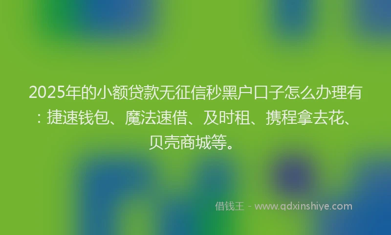 2025年的小额贷款无征信秒黑户口子怎么办理有：捷速钱包、魔法速借、及时租、携程拿去花、贝壳商城等。