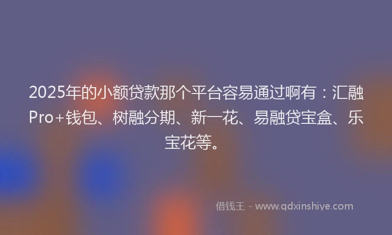 2025年的小额贷款那个平台容易通过啊有：汇融Pro+钱包、树融分期、新一花、易融贷宝盒、乐宝花等。