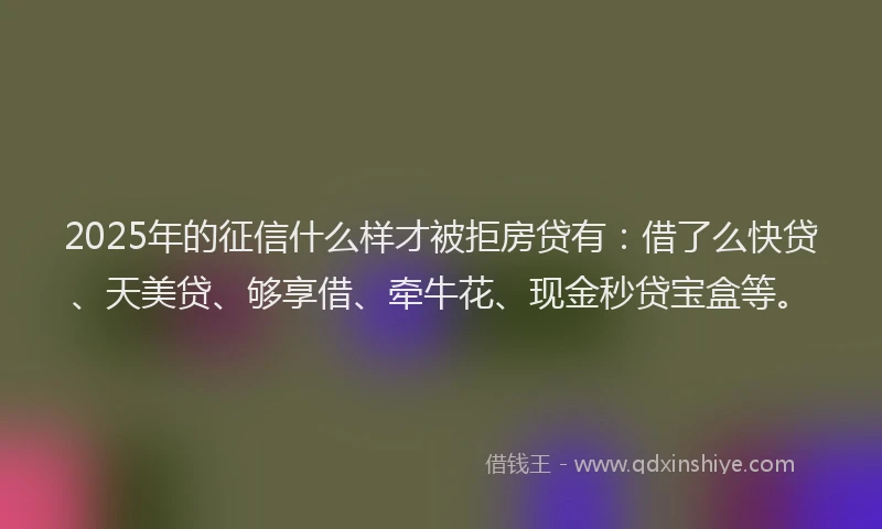 2025年的征信什么样才被拒房贷有：借了么快贷、天美贷、够享借、牵牛花、现金秒贷宝盒等。