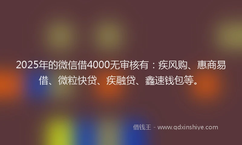 2025年的微信借4000无审核有：疾风购、惠商易借、微粒快贷、疾融贷、鑫速钱包等。