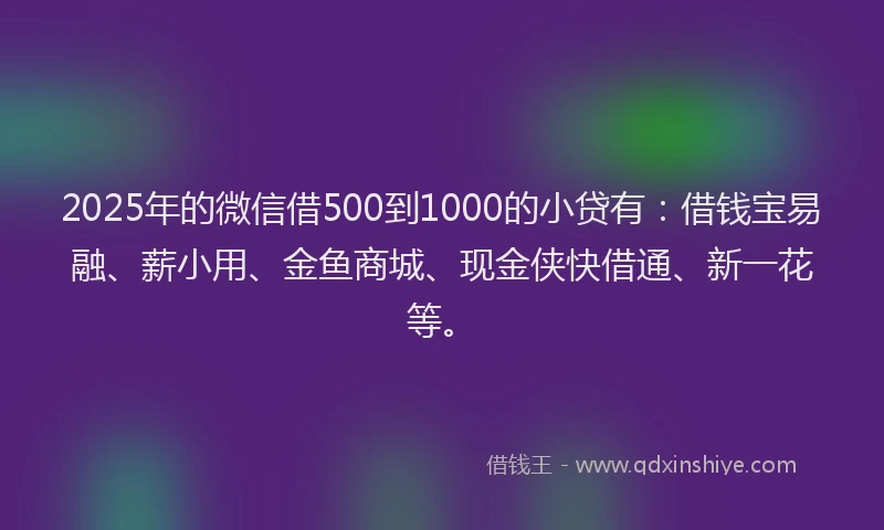 2025年的微信借500到1000的小贷有：借钱宝易融、薪小用、金鱼商城、现金侠快借通、新一花等。