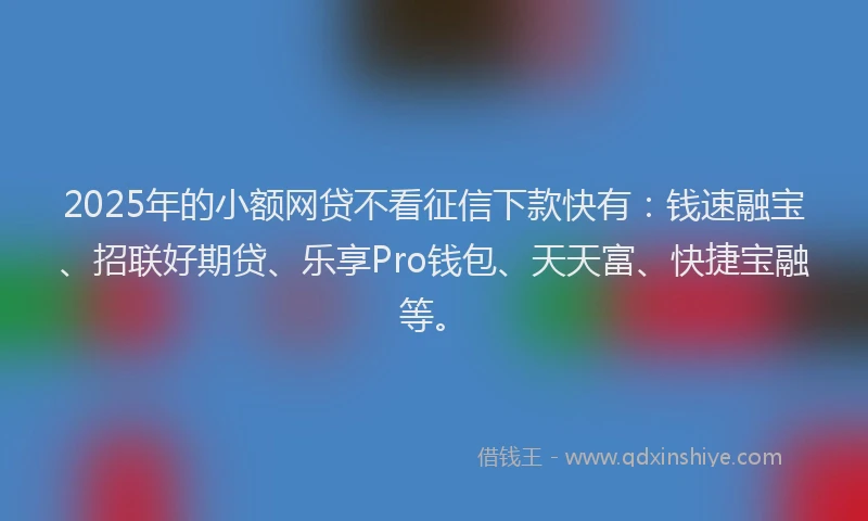 2025年的小额网贷不看征信下款快有：钱速融宝、招联好期贷、乐享Pro钱包、天天富、快捷宝融等。