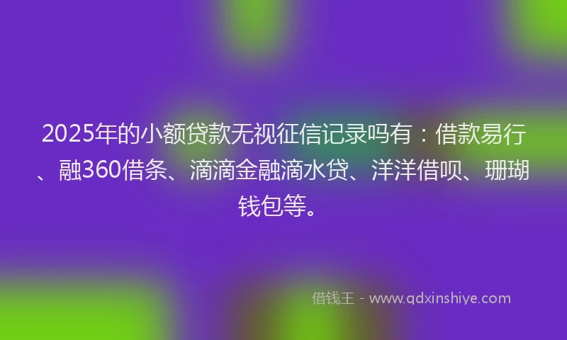 2025年的小额贷款无视征信记录吗有：借款易行、融360借条、滴滴金融滴水贷、洋洋借呗、珊瑚钱包等。