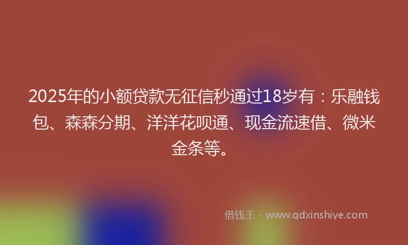 2025年的小额贷款无征信秒通过18岁有：乐融钱包、森森分期、洋洋花呗通、现金流速借、微米金条等。