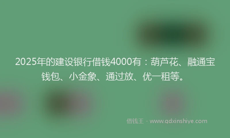 2025年的建设银行借钱4000有：葫芦花、融通宝钱包、小金象、通过放、优一租等。