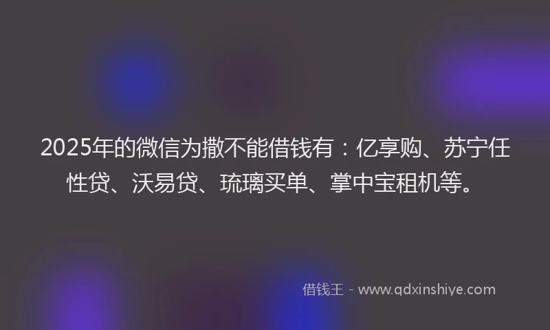 2025年的微信为撒不能借钱有：亿享购、苏宁任性贷、沃易贷、琉璃买单、掌中宝租机等。