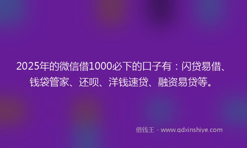 2025年的微信借1000必下的口子有：闪贷易借、钱袋管家、还呗、洋钱速贷、融资易贷等。