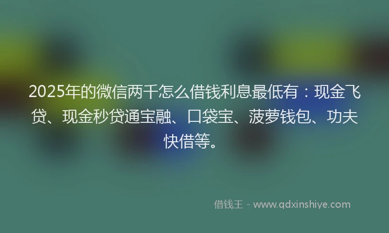 2025年的微信两千怎么借钱利息最低有：现金飞贷、现金秒贷通宝融、口袋宝、菠萝钱包、功夫快借等。