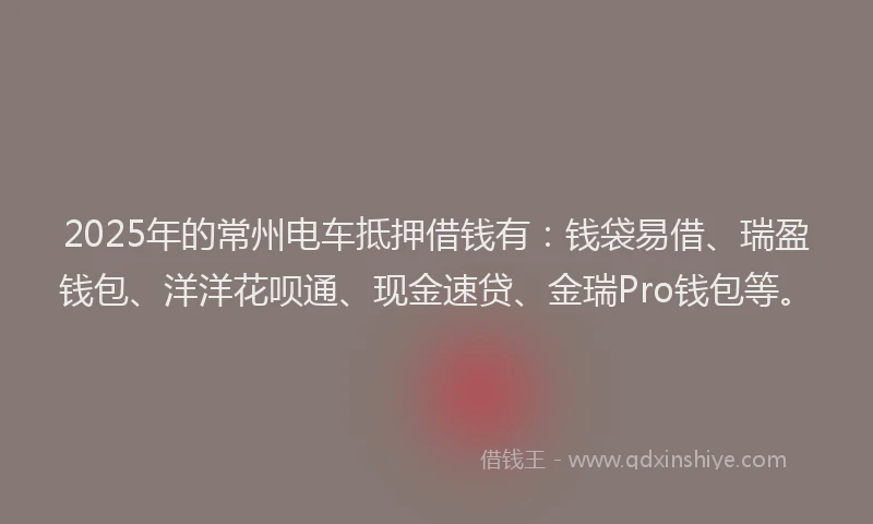 2025年的常州电车抵押借钱有：钱袋易借、瑞盈钱包、洋洋花呗通、现金速贷、金瑞Pro钱包等。