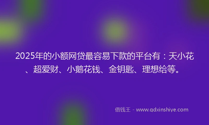 2025年的小额网贷最容易下款的平台有：天小花、超爱财、小鹅花钱、金钥匙、理想给等。