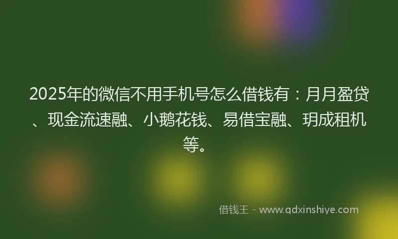 2025年的微信不用手机号怎么借钱有：月月盈贷、现金流速融、小鹅花钱、易借宝融、玥成租机等。