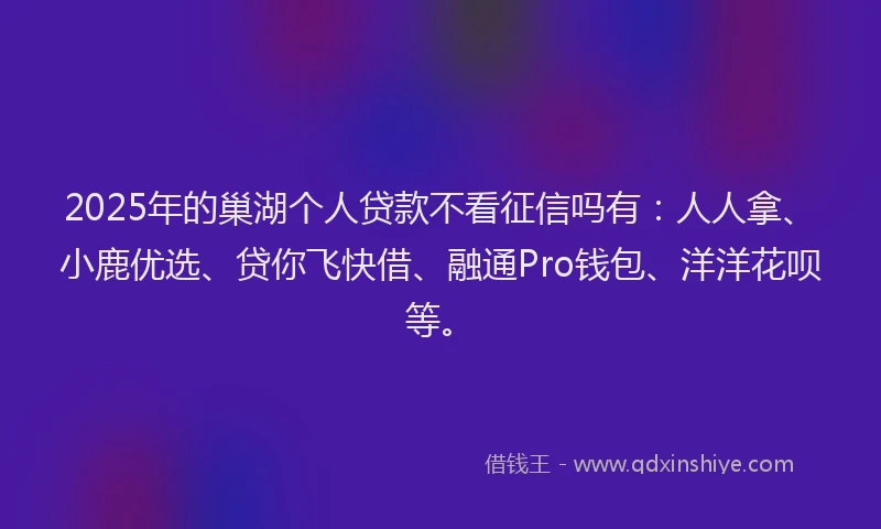 2025年的巢湖个人贷款不看征信吗有：人人拿、小鹿优选、贷你飞快借、融通Pro钱包、洋洋花呗等。