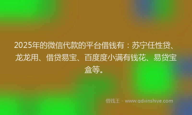 2025年的微信代款的平台借钱有：苏宁任性贷、龙龙用、借贷易宝、百度度小满有钱花、易贷宝盒等。