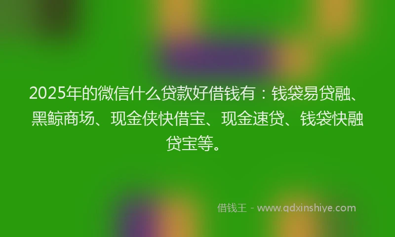 2025年的微信什么贷款好借钱有：钱袋易贷融、黑鲸商场、现金侠快借宝、现金速贷、钱袋快融贷宝等。