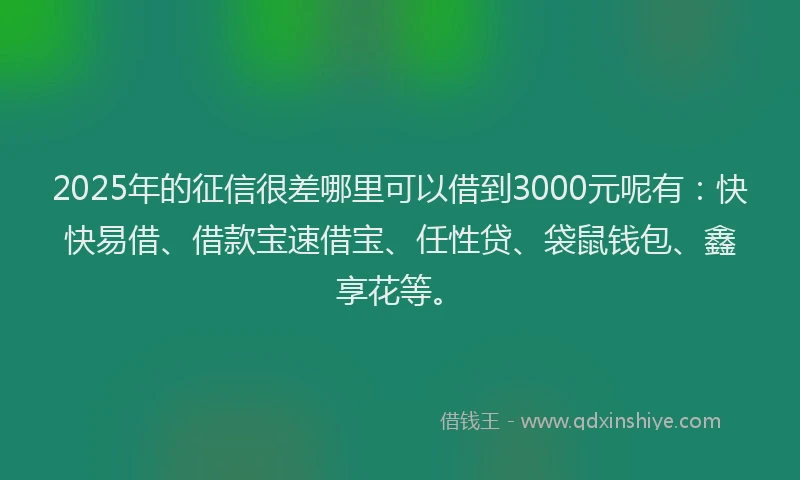 2025年的征信很差哪里可以借到3000元呢有：快快易借、借款宝速借宝、任性贷、袋鼠钱包、鑫享花等。
