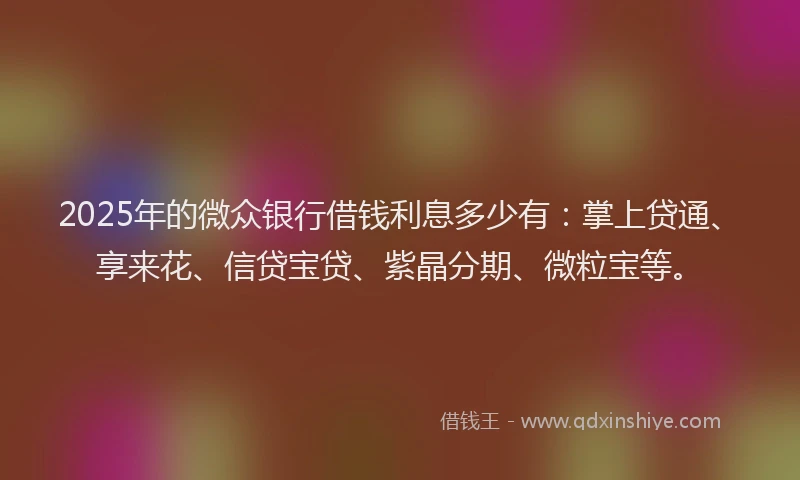 2025年的微众银行借钱利息多少有：掌上贷通、享来花、信贷宝贷、紫晶分期、微粒宝等。