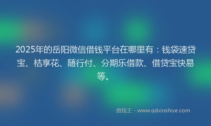 2025年的岳阳微信借钱平台在哪里有：钱袋速贷宝、桔享花、随行付、分期乐借款、借贷宝快易等。