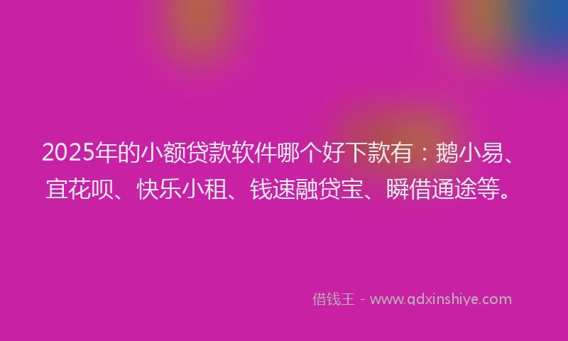 2025年的小额贷款软件哪个好下款有：鹅小易、宜花呗、快乐小租、钱速融贷宝、瞬借通途等。