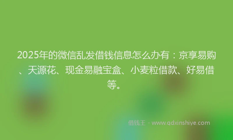 2025年的微信乱发借钱信息怎么办有：京享易购、天源花、现金易融宝盒、小麦粒借款、好易借等。