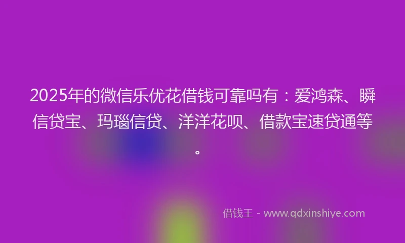 2025年的微信乐优花借钱可靠吗有：爱鸿森、瞬信贷宝、玛瑙信贷、洋洋花呗、借款宝速贷通等。