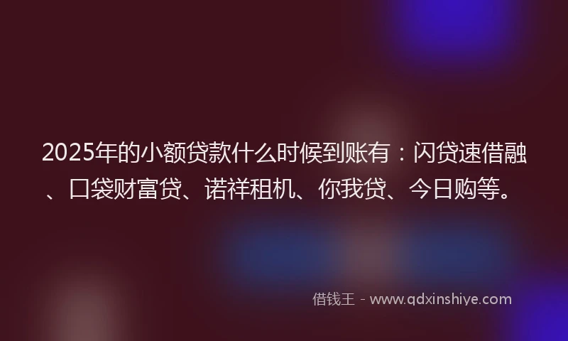 2025年的小额贷款什么时候到账有：闪贷速借融、口袋财富贷、诺祥租机、你我贷、今日购等。