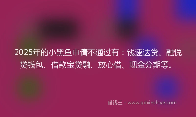 2025年的小黑鱼申请不通过有：钱速达贷、融悦贷钱包、借款宝贷融、放心借、现金分期等。