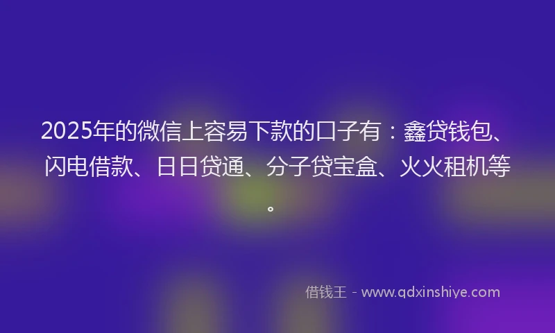 2025年的微信上容易下款的口子有：鑫贷钱包、闪电借款、日日贷通、分子贷宝盒、火火租机等。