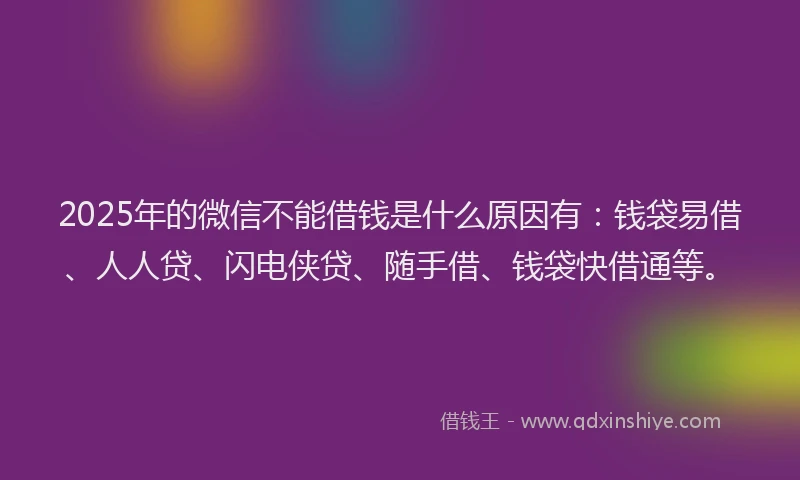 2025年的微信不能借钱是什么原因有：钱袋易借、人人贷、闪电侠贷、随手借、钱袋快借通等。