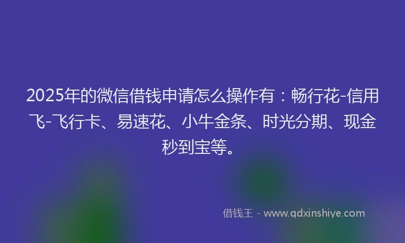 2025年的微信借钱申请怎么操作有：畅行花-信用飞-飞行卡、易速花、小牛金条、时光分期、现金秒到宝等。