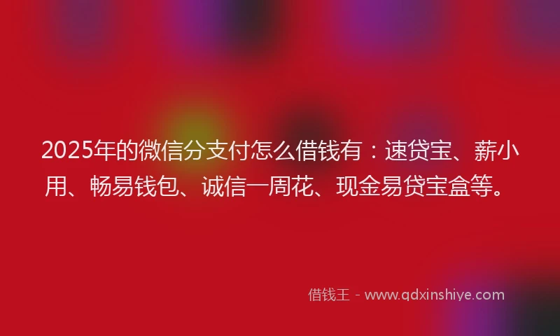 2025年的微信分支付怎么借钱有：速贷宝、薪小用、畅易钱包、诚信一周花、现金易贷宝盒等。