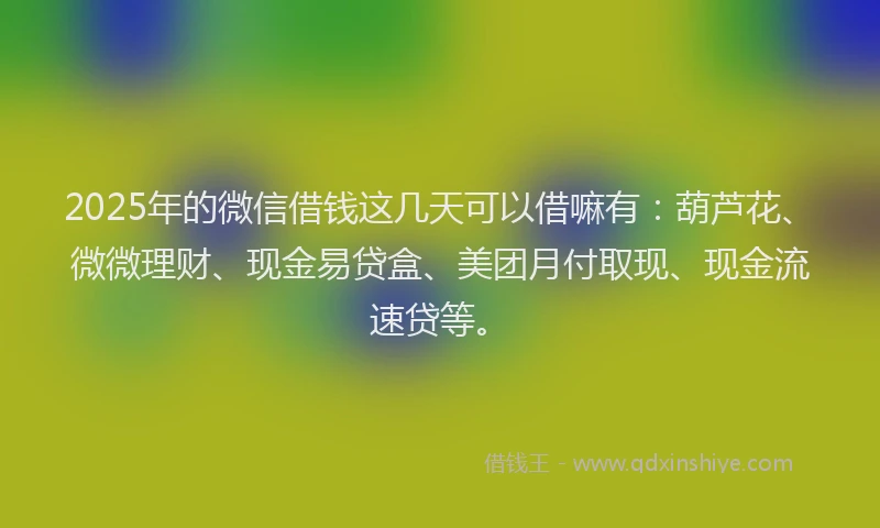 2025年的微信借钱这几天可以借嘛有：葫芦花、微微理财、现金易贷盒、美团月付取现、现金流速贷等。