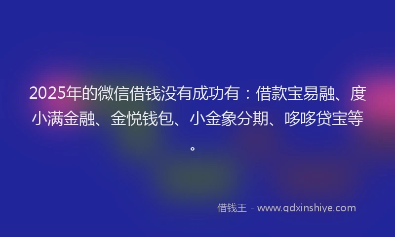 2025年的微信借钱没有成功有：借款宝易融、度小满金融、金悦钱包、小金象分期、哆哆贷宝等。