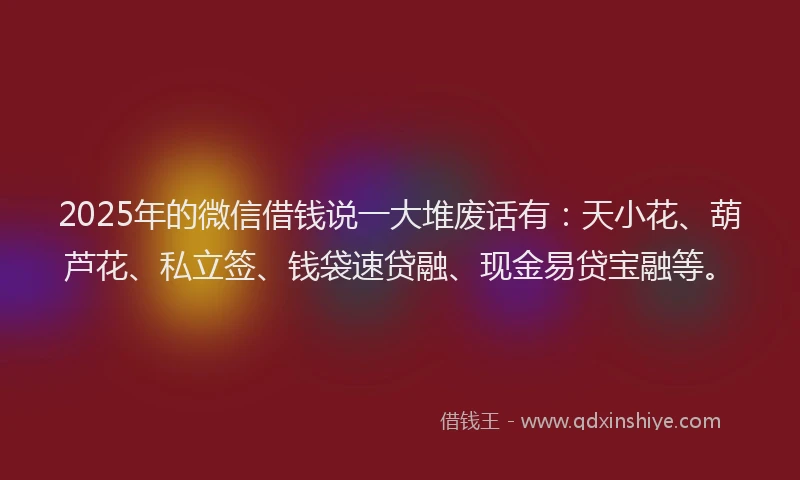 2025年的微信借钱说一大堆废话有：天小花、葫芦花、私立签、钱袋速贷融、现金易贷宝融等。