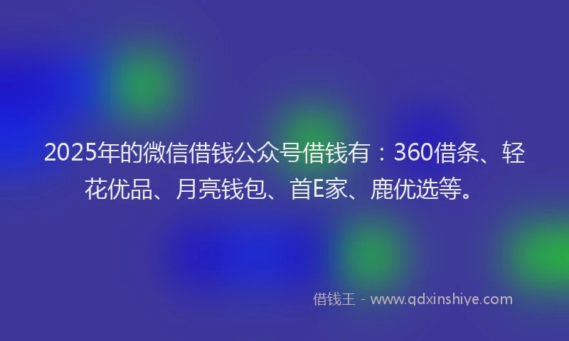 2025年的微信借钱公众号借钱有：360借条、轻花优品、月亮钱包、首E家、鹿优选等。