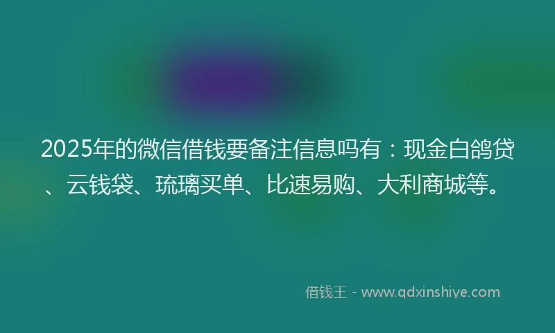 2025年的微信借钱要备注信息吗有：现金白鸽贷、云钱袋、琉璃买单、比速易购、大利商城等。