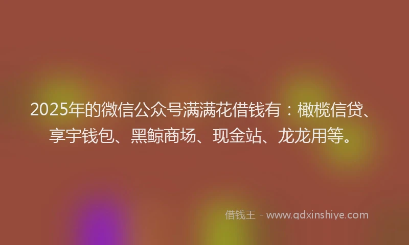 2025年的微信公众号满满花借钱有：橄榄信贷、享宇钱包、黑鲸商场、现金站、龙龙用等。