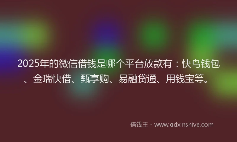 2025年的微信借钱是哪个平台放款有:快鸟钱包、金瑞快借、甄享购、易融贷通、用钱宝等。