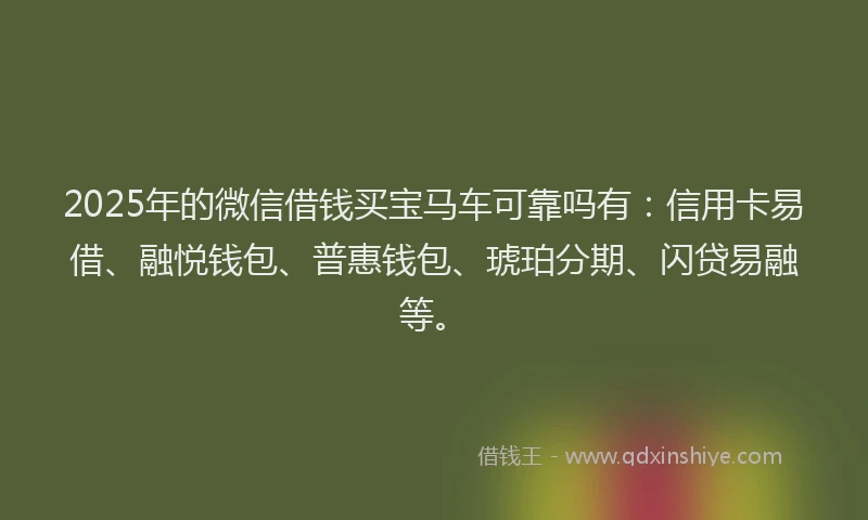 2025年的微信借钱买宝马车可靠吗有：信用卡易借、融悦钱包、普惠钱包、琥珀分期、闪贷易融等。
