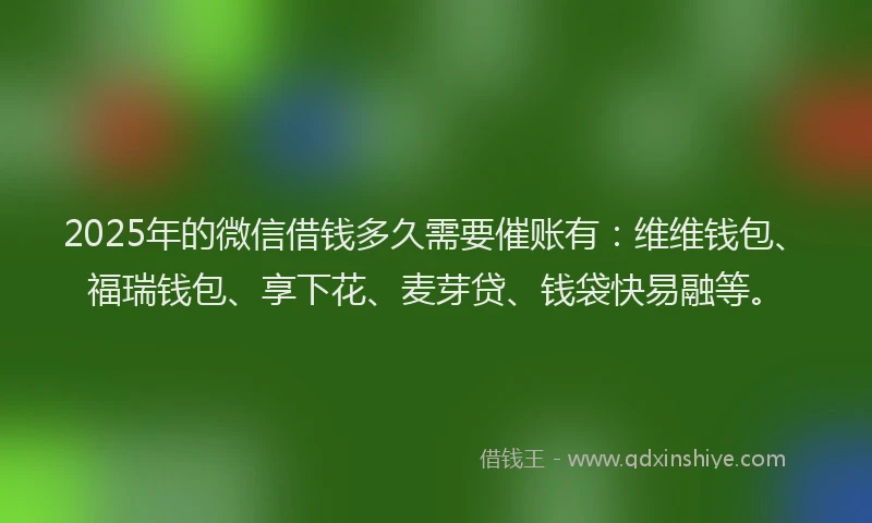 2025年的微信借钱多久需要催账有：维维钱包、福瑞钱包、享下花、麦芽贷、钱袋快易融等。