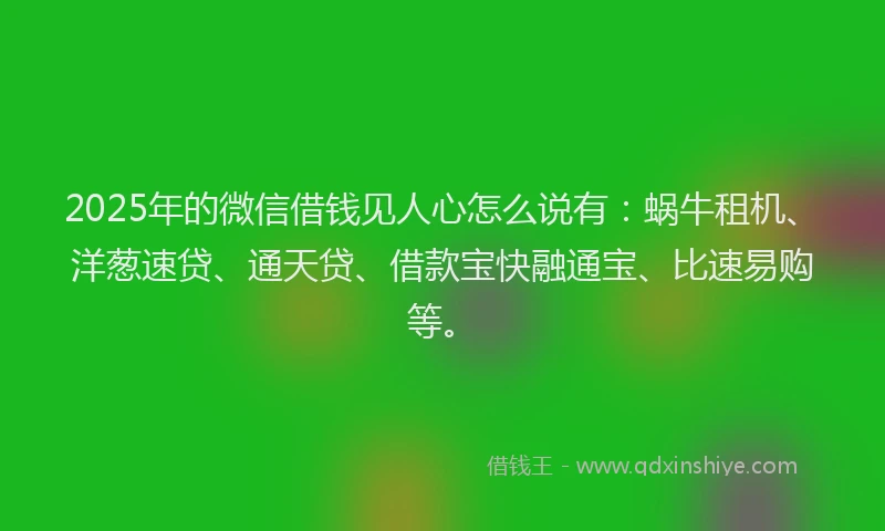 2025年的微信借钱见人心怎么说有：蜗牛租机、洋葱速贷、通天贷、借款宝快融通宝、比速易购等。