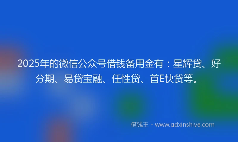 2025年的微信公众号借钱备用金有：星辉贷、好分期、易贷宝融、任性贷、首E快贷等。