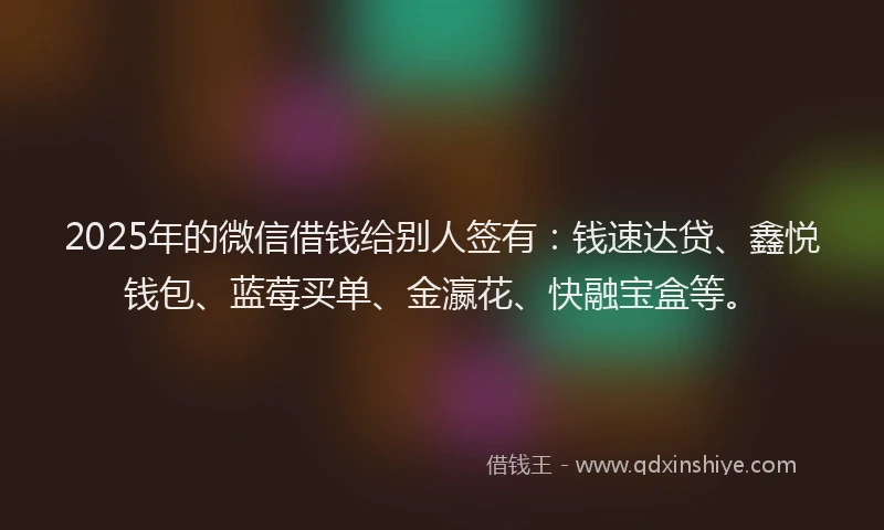 2025年的微信借钱给别人签有：钱速达贷、鑫悦钱包、蓝莓买单、金瀛花、快融宝盒等。