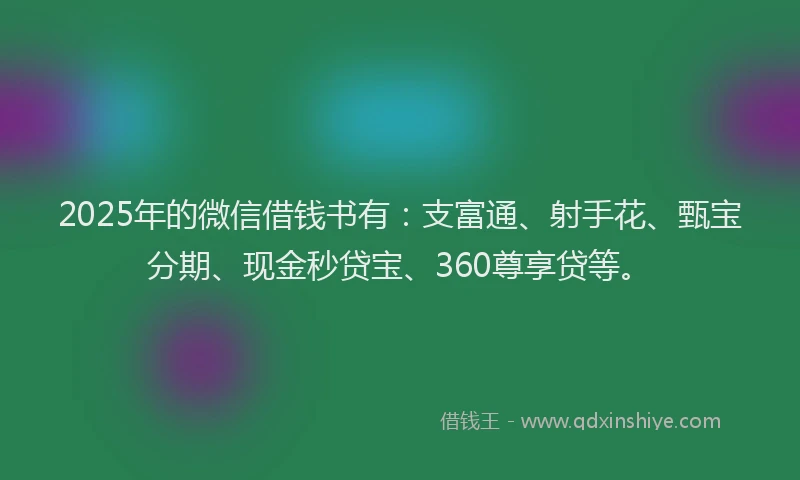 2025年的微信借钱书有：支富通、射手花、甄宝分期、现金秒贷宝、360尊享贷等。