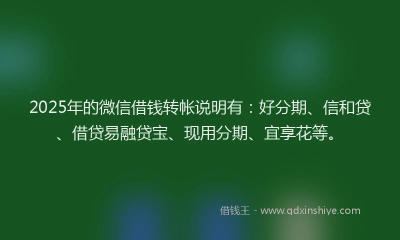 2025年的微信借钱转帐说明有：好分期、信和贷、借贷易融贷宝、现用分期、宜享花等。