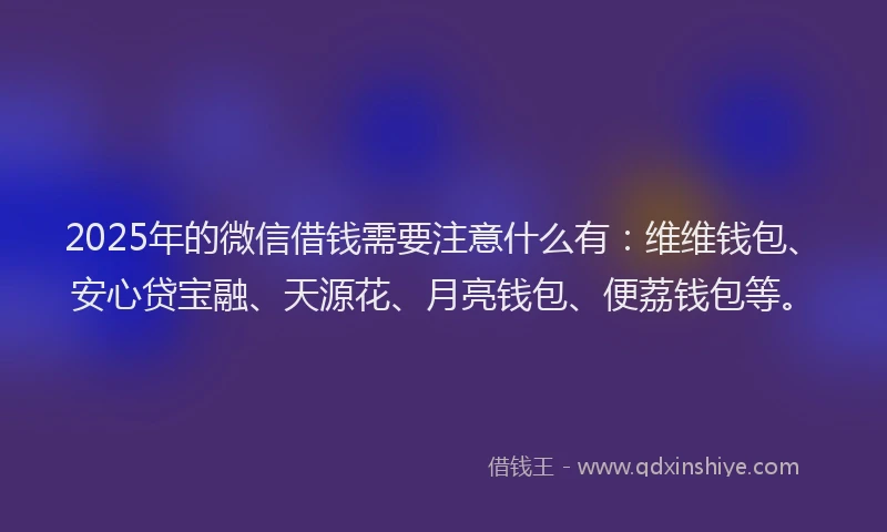 2025年的微信借钱需要注意什么有：维维钱包、安心贷宝融、天源花、月亮钱包、便荔钱包等。
