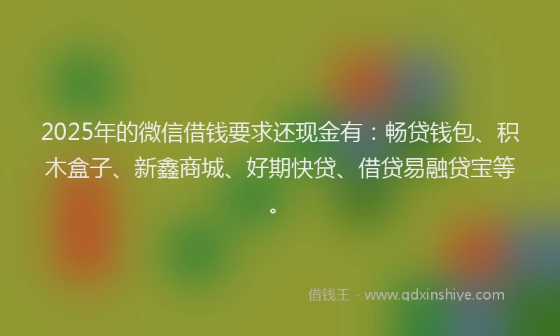2025年的微信借钱要求还现金有：畅贷钱包、积木盒子、新鑫商城、好期快贷、借贷易融贷宝等。