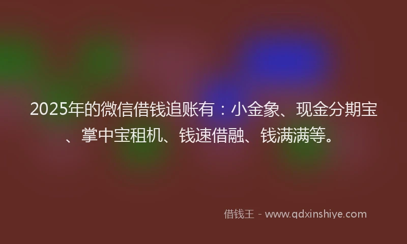 2025年的微信借钱追账有：小金象、现金分期宝、掌中宝租机、钱速借融、钱满满等。