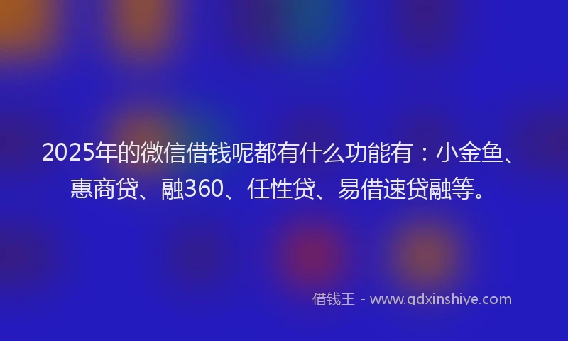 2025年的微信借钱呢都有什么功能有：小金鱼、惠商贷、融360、任性贷、易借速贷融等。